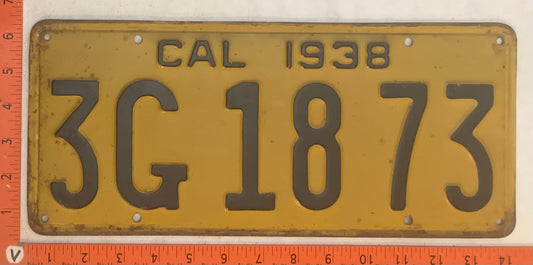 1938 California #3G 18 73 Passenger License Plate