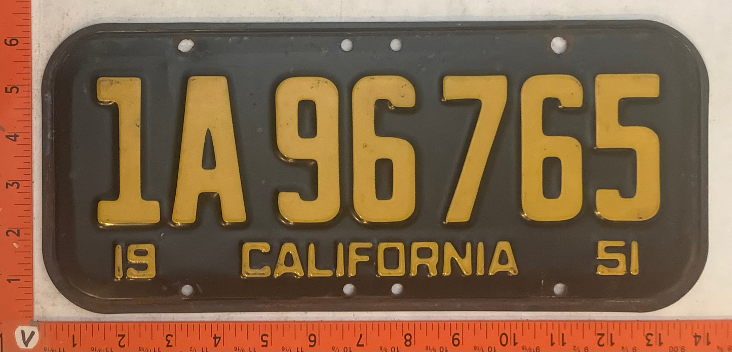 1951 California #1A 96 765 Passenger License Plate