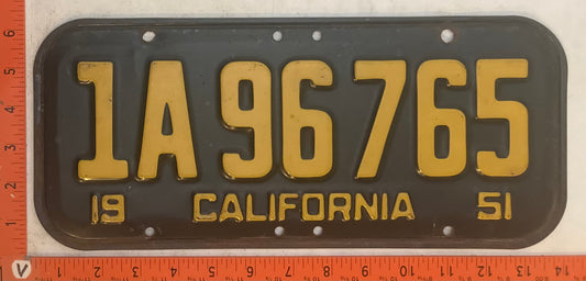 1951 California #1A 96 765 Passenger License Plate
