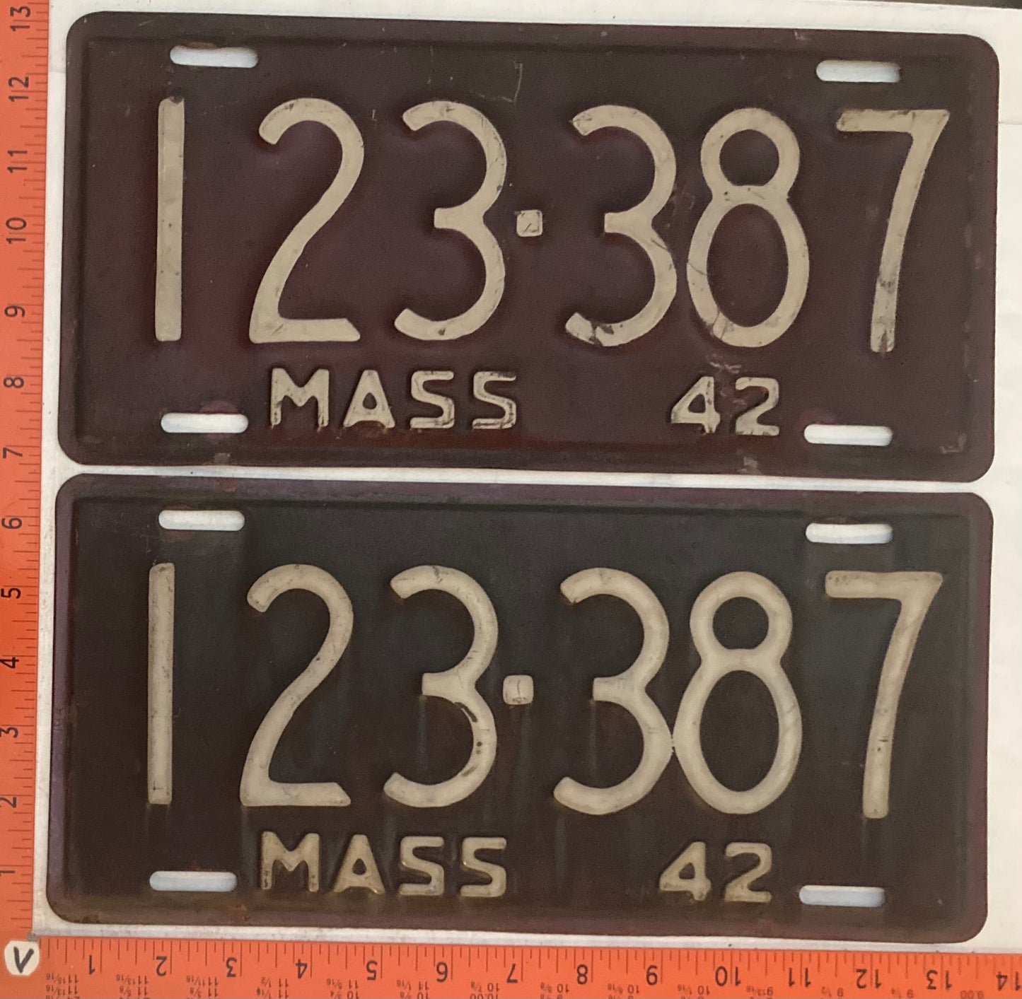 1942 Massachuetts #123-387 Passenger License Plate (Pair)