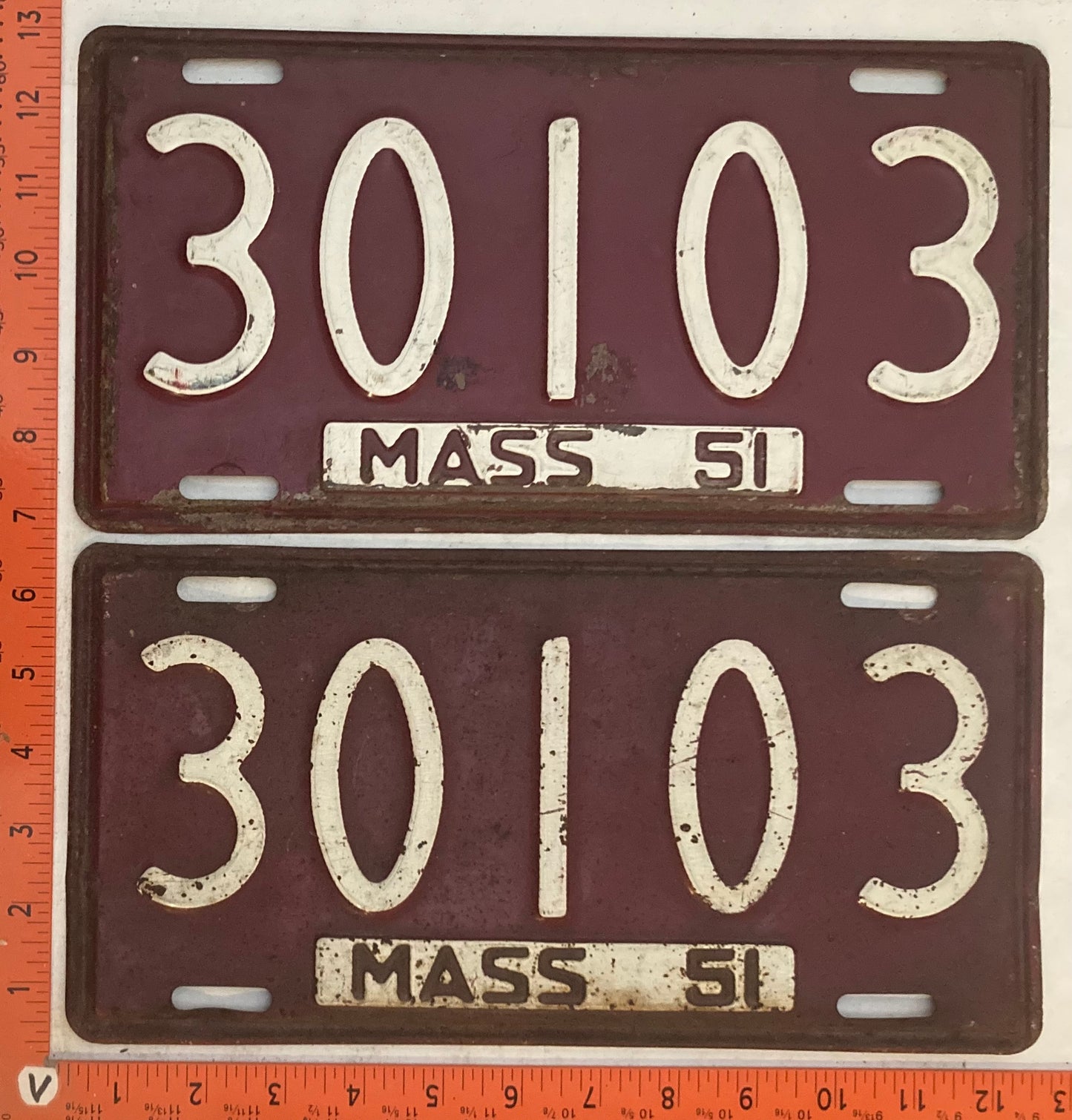 1951 Massachuetts #30103 Passenger License Plate (Pair)