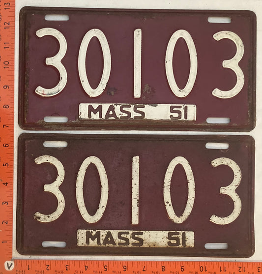 1951 Massachuetts #30103 Passenger License Plate (Pair)