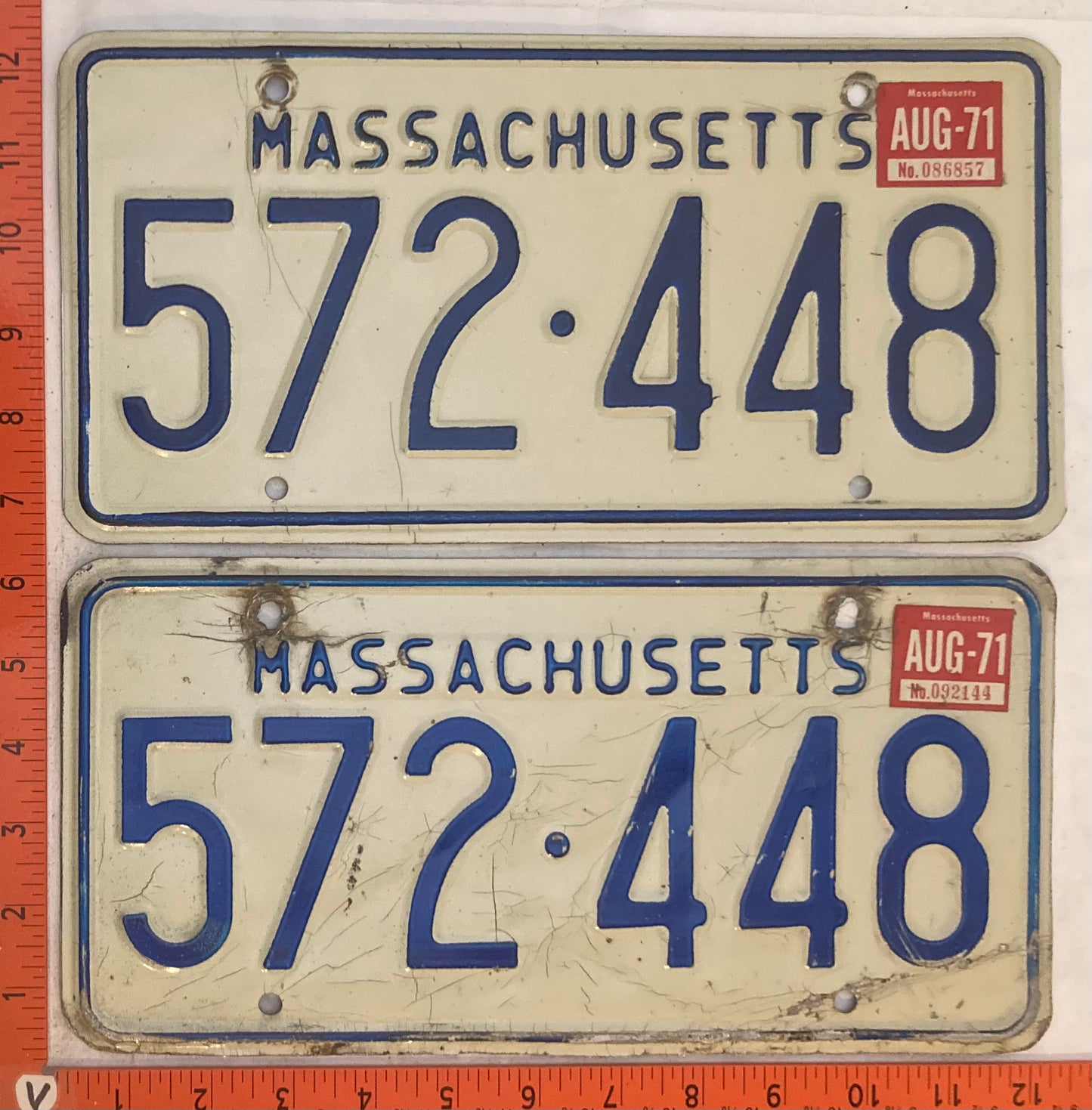 1971 Massachuetts #572-448 Passenger License Plate (Pair)