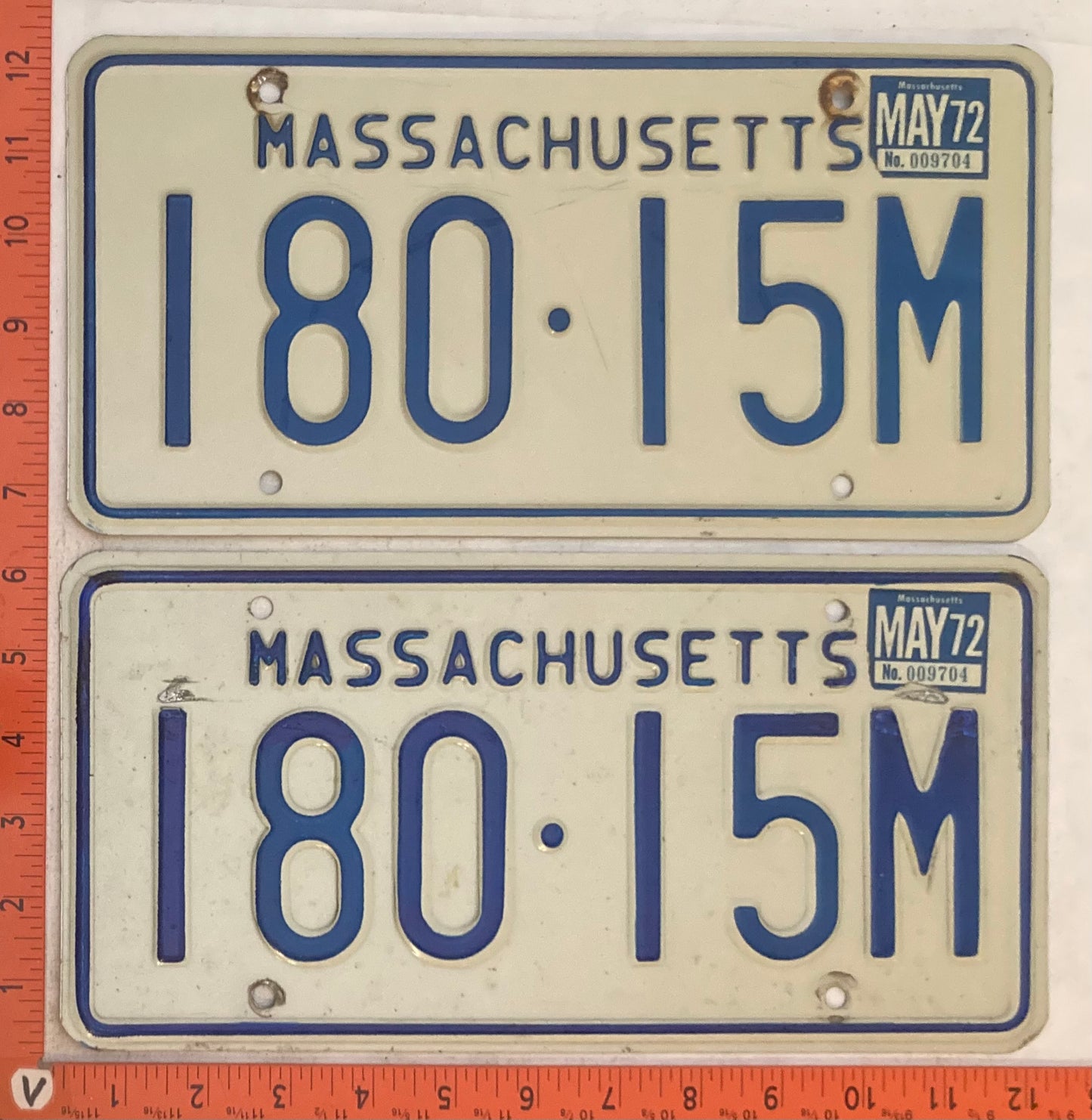 1972 Massachuetts #180-15M Passenger License Plate (Pair)