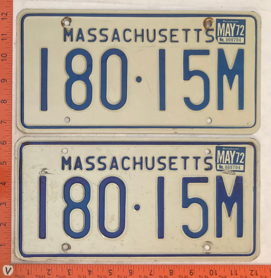 1972 Massachuetts #180-15M Passenger License Plate (Pair)