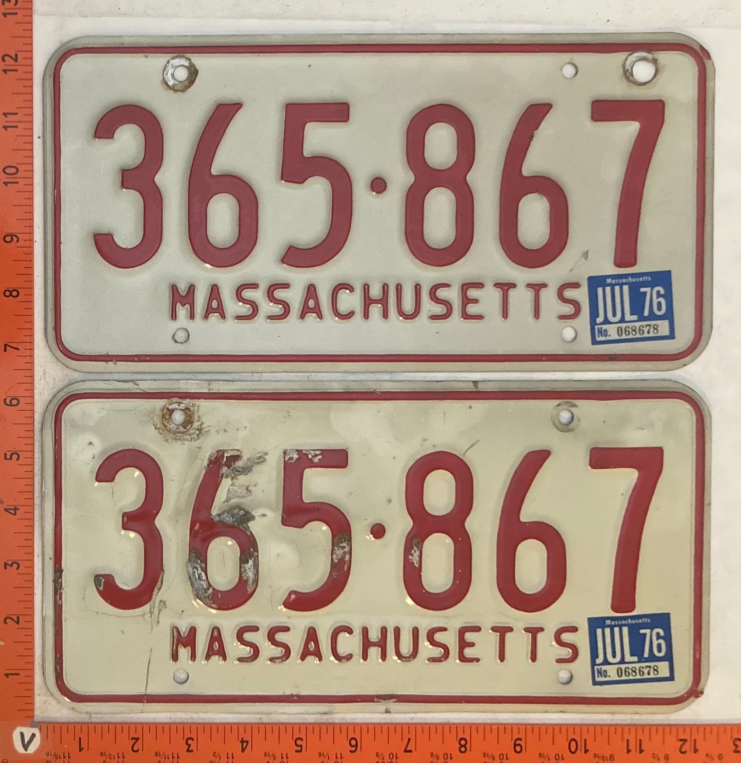 1976 Massachuetts #365-867 Passenger License Plate (Pair)