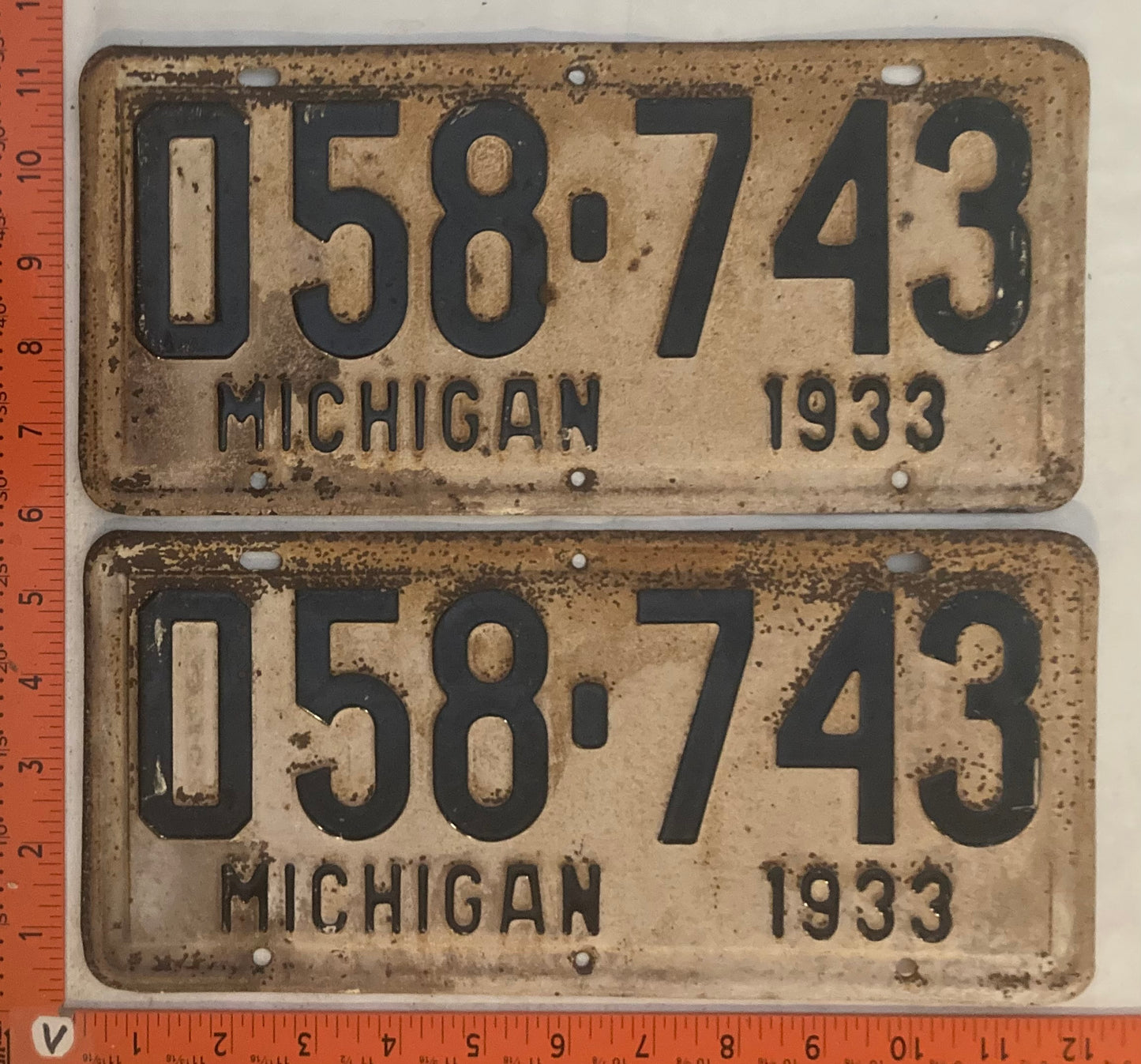 1933 Michigan #058-743 Passenger License Plate (Pair)