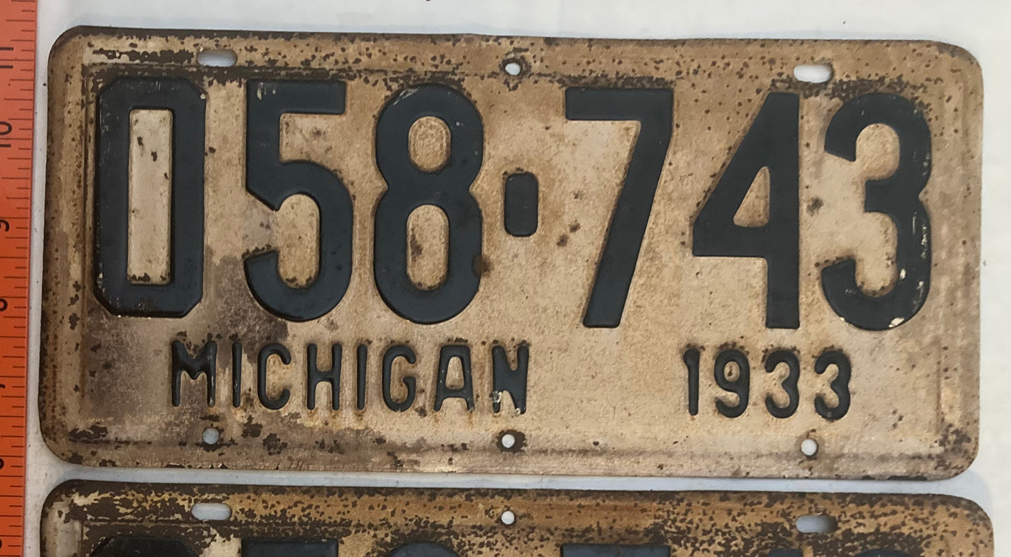 1933 Michigan #058-743 Passenger License Plate (Pair)