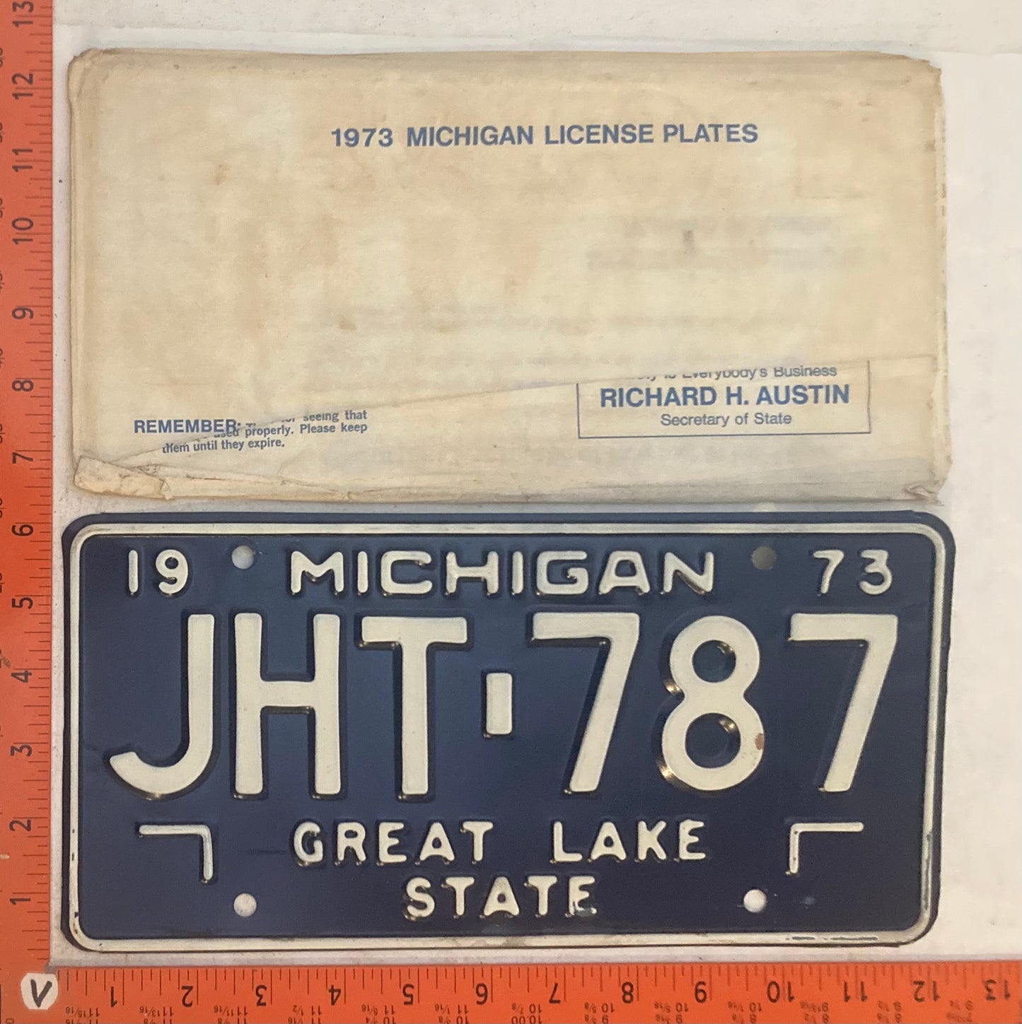 1973 Michigan #JHT-787 Passenger License Plate (with Envelope)