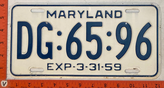 1959 Maryland #DG:65:96 Passenger License Plate