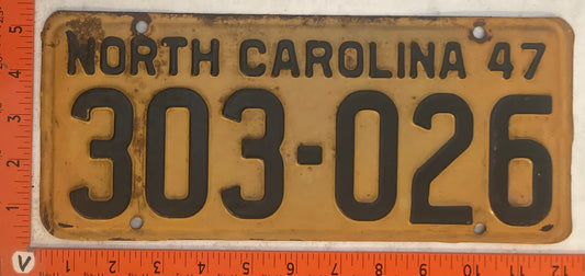 1947 North Carolina #303-026 Passenger License Plate