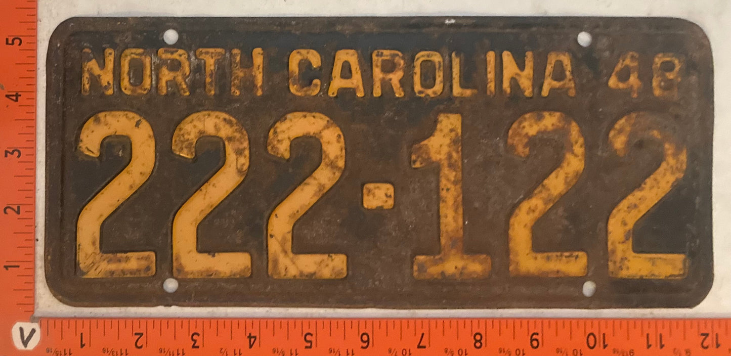 1948 North Carolina #222-122 Passenger License Plate