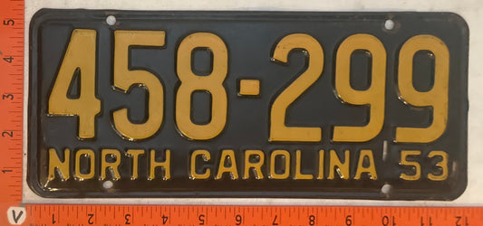 1953 North Carolina #458-299 Passenger License Plate