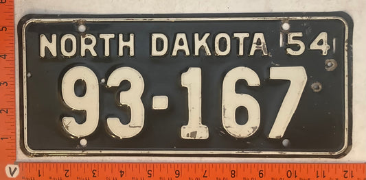 1954 North Dakota #93-167 Passenger License Plate