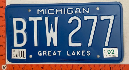1992 Michigan #BTW 277 Passenger License Plate