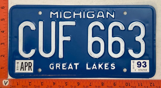 1993 Michigan #CUF 663 Passenger License Plate