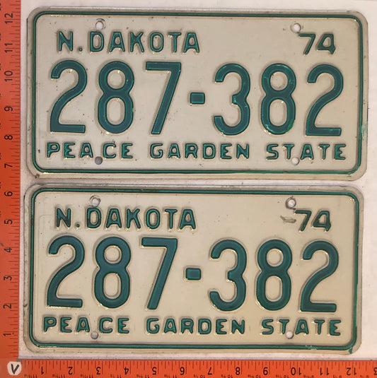 1974 North Dakota #287-382 Passenger License Plate (Pair)