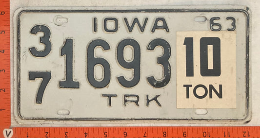 1963 Iowa #3/7 1693 10 Ton Truck License Plate