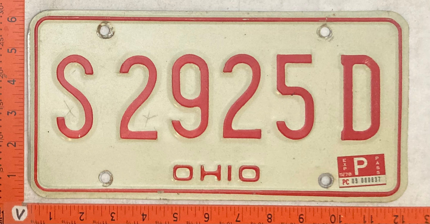 1978 Ohio #S 2925 D Passenger License Plate
