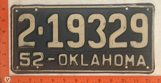 1952 Oklahoma #2-19329 Passenger License Plate