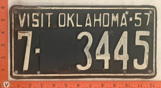 1957 Oklahoma #7-3445 Passenger License Plate