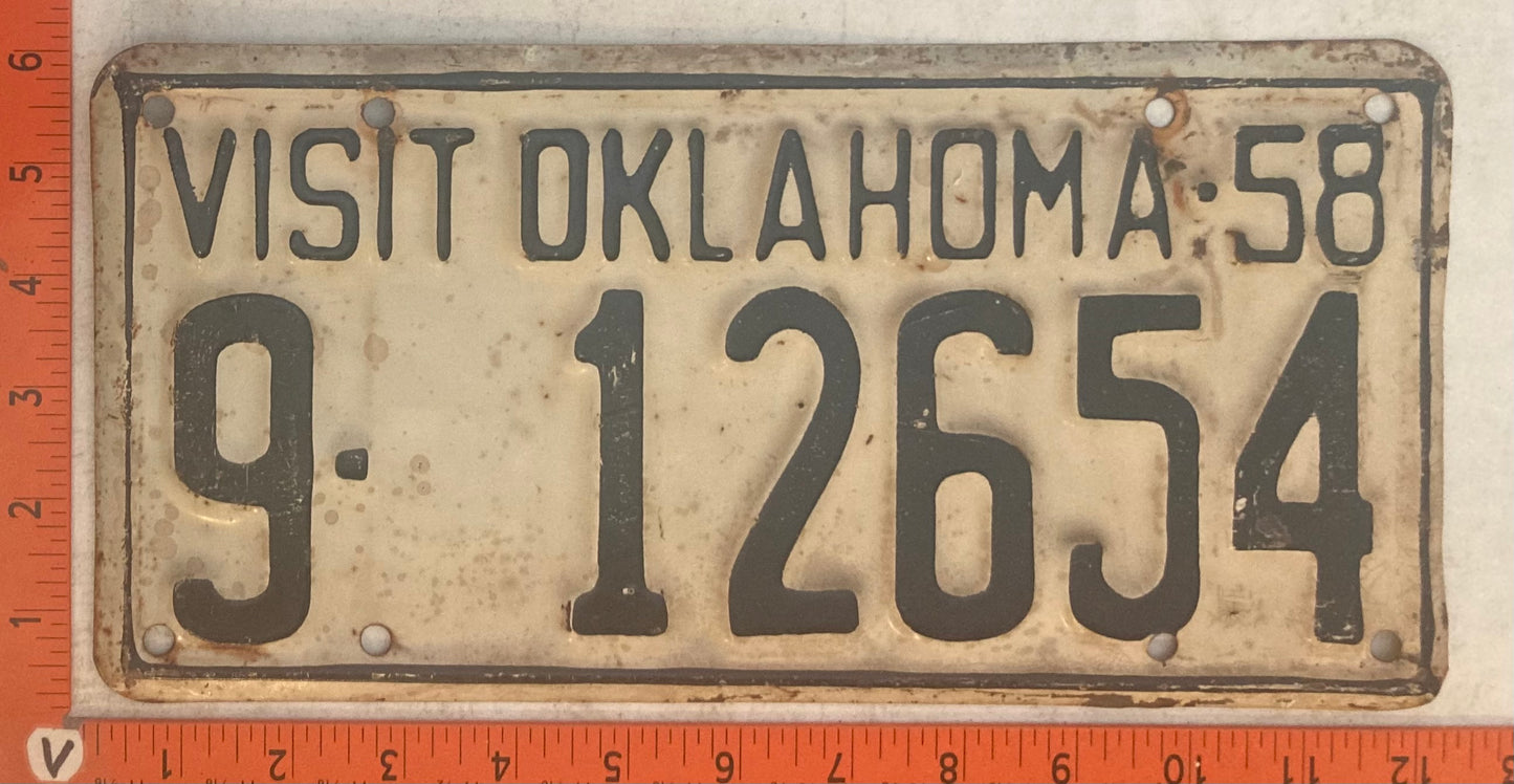 1958 Oklahoma #9-12654 Passenger License Plate