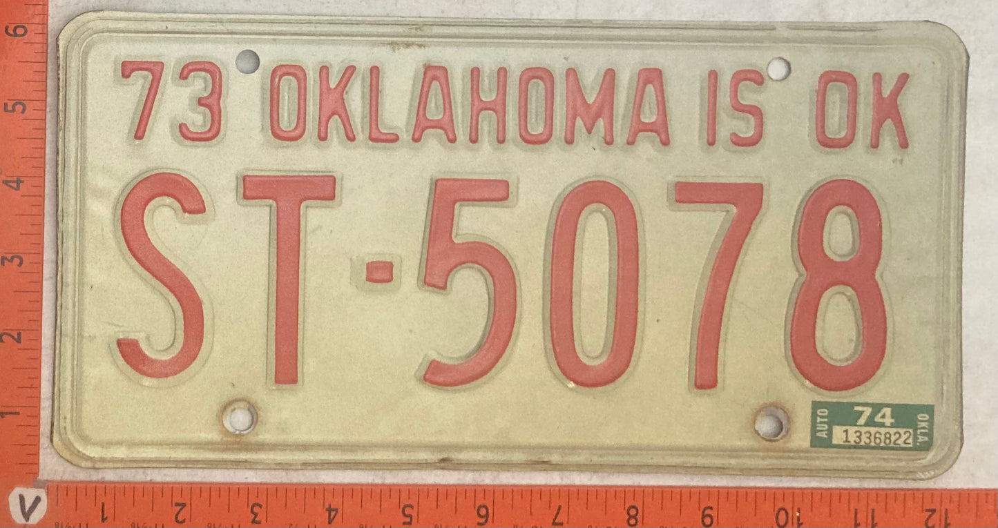1974 Oklahoma #ST-5078 Passenger License Plate