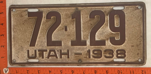 1938 Utah #72-129 Passenger License Plate
