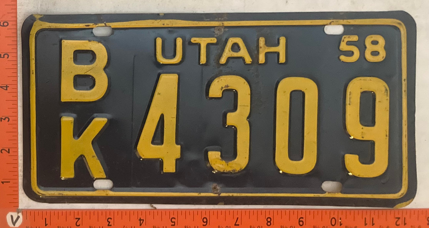 1958 Utah #B/K 4309 Passenger License Plate