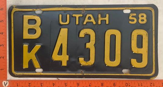 1958 Utah #B/K 4309 Passenger License Plate