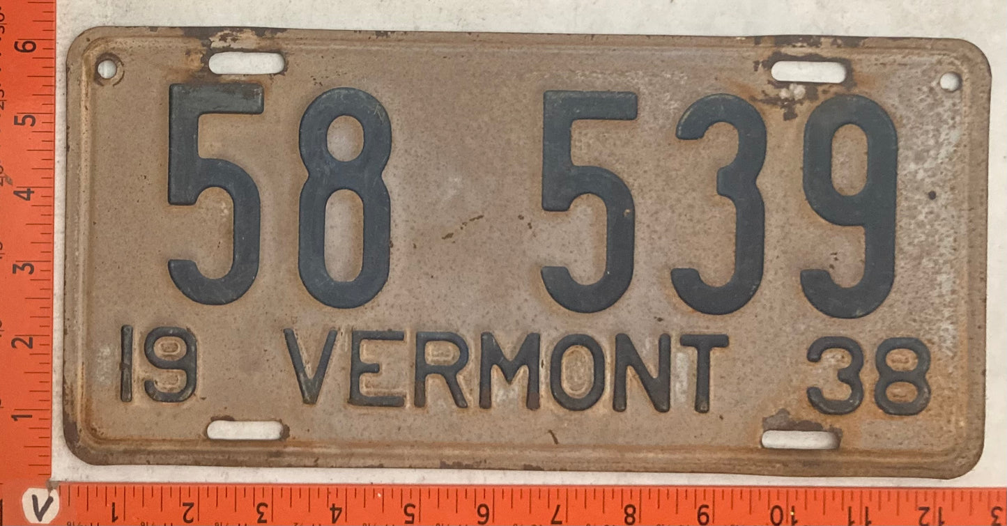 1938 Vermont #58 539 Passenger License Plate