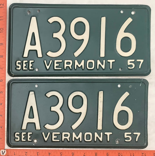 1957 Vermont #A3916 Passenger License Plate (Pair)