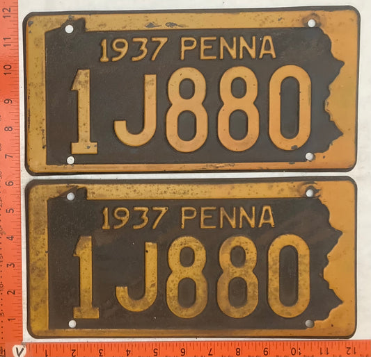 1937 Pennsylvania #1J880 Passenger License Plate (Pair)