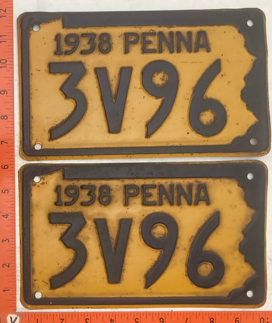 1938 Pennsylvania #3V96 Passenger License Plate (Pair)