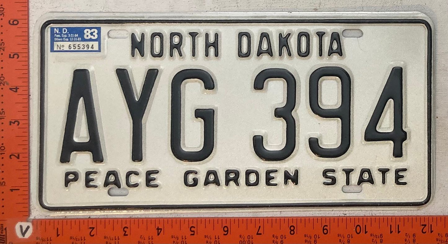 1983 North Dakota #AYG 394 Passenger License Plate