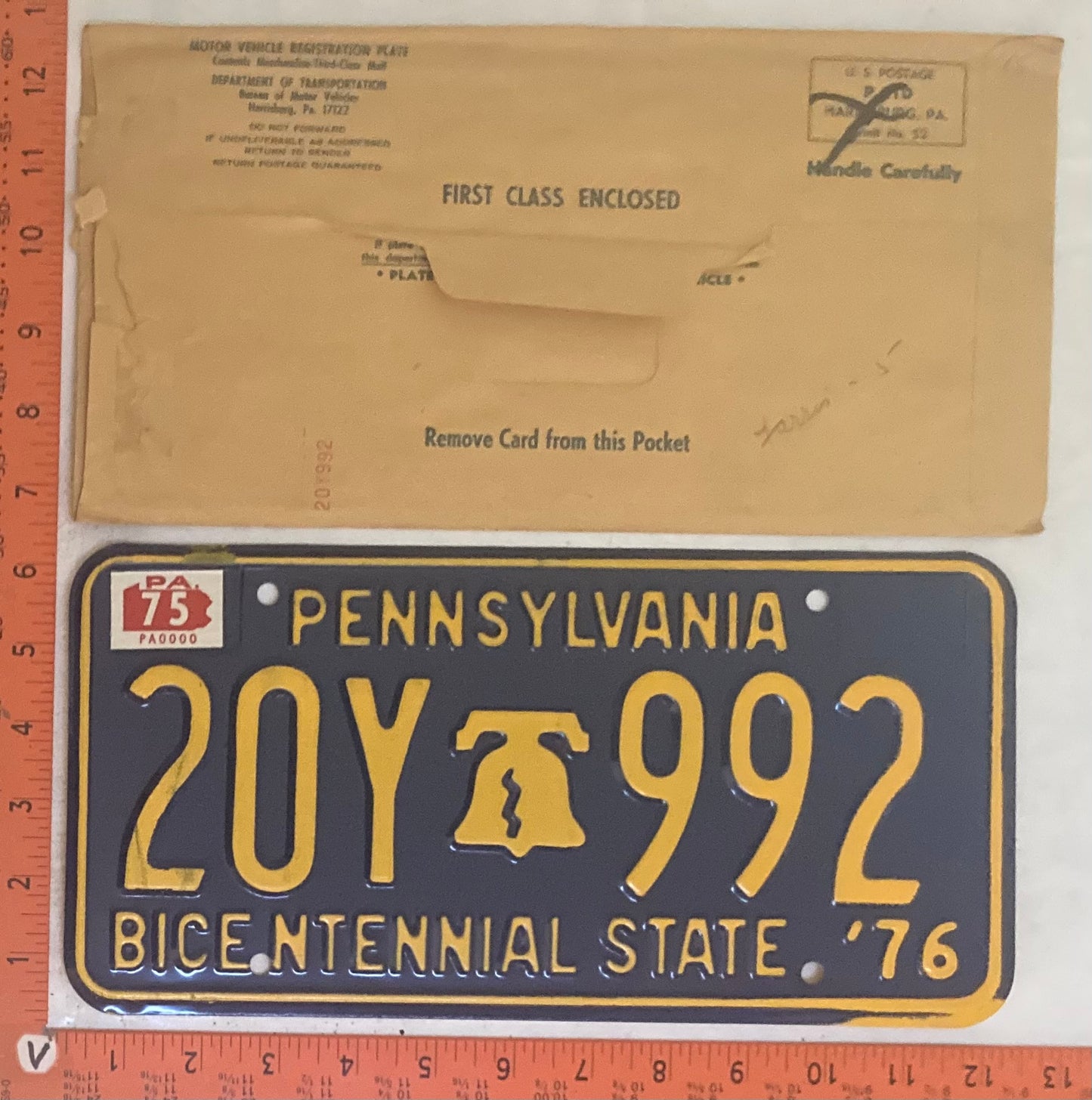 1975 Pennsylvania #20Y 992 Passenger License Plate (w/Envelope)