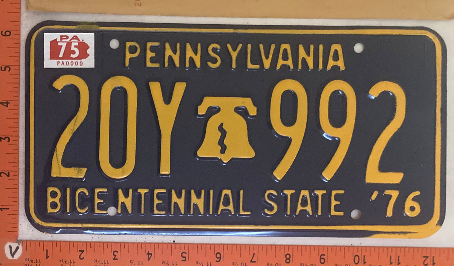 1975 Pennsylvania #20Y 992 Passenger License Plate (w/Envelope)