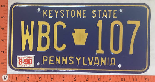 1990 Pennsylvania #WBC 107 Passenger License Plate