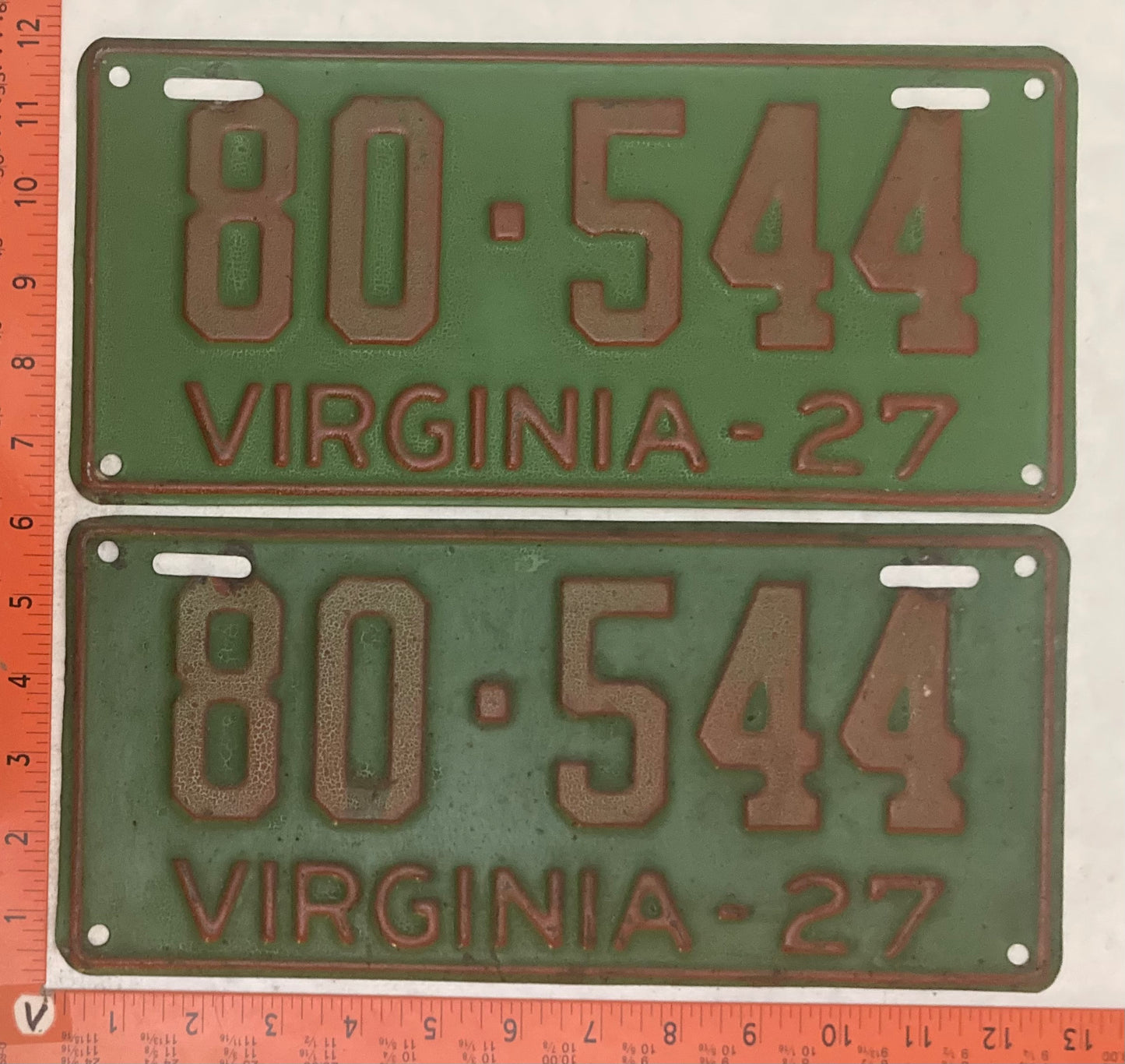 1927 Virginia #80-544 Passenger License Plate (Pair)