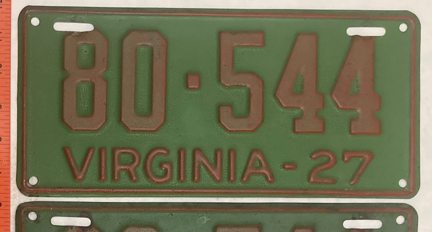 1927 Virginia #80-544 Passenger License Plate (Pair)