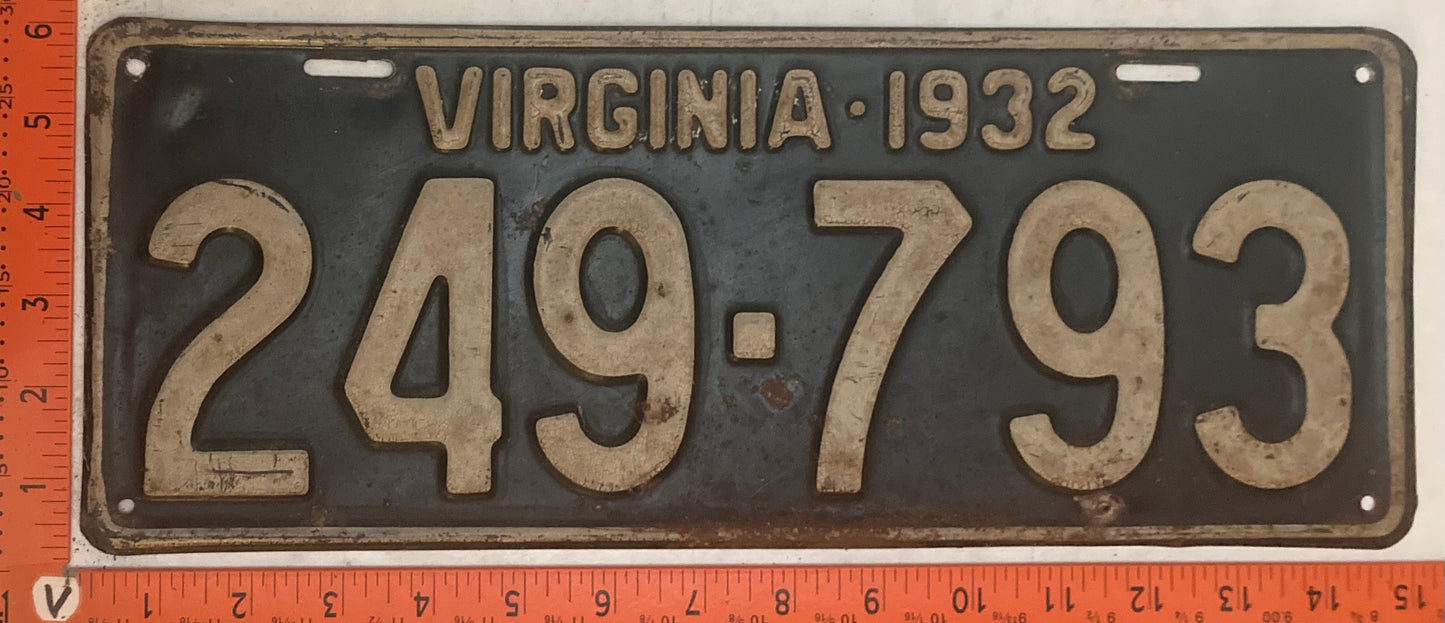 1932 Virginia #249-793 Passenger License Plate