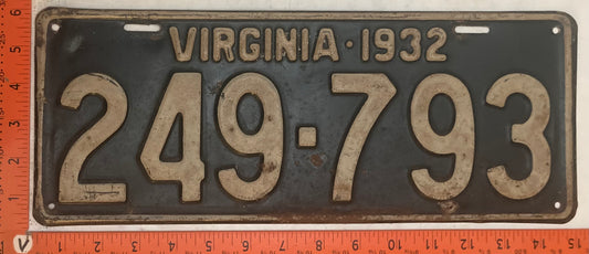 1932 Virginia #249-793 Passenger License Plate