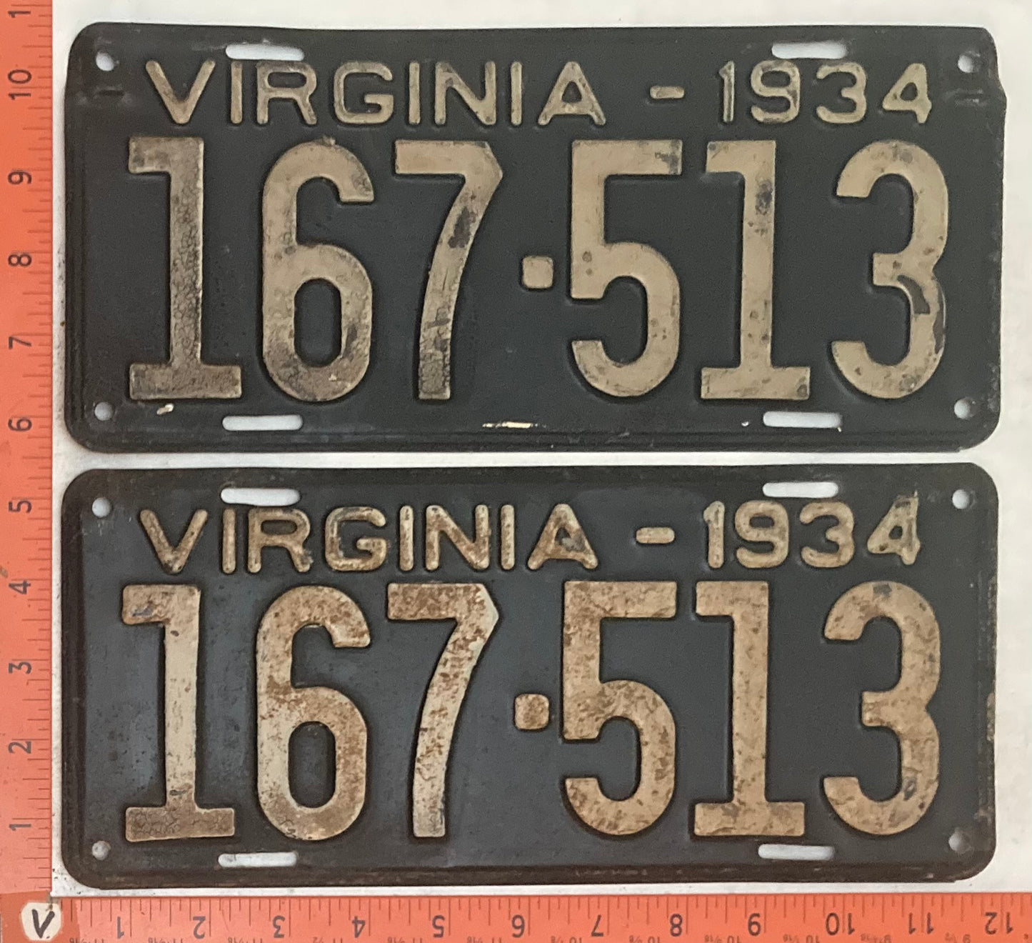 1934 Virginia #167-513 Passenger License Plate (Pair)