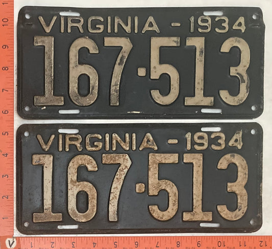 1934 Virginia #167-513 Passenger License Plate (Pair)