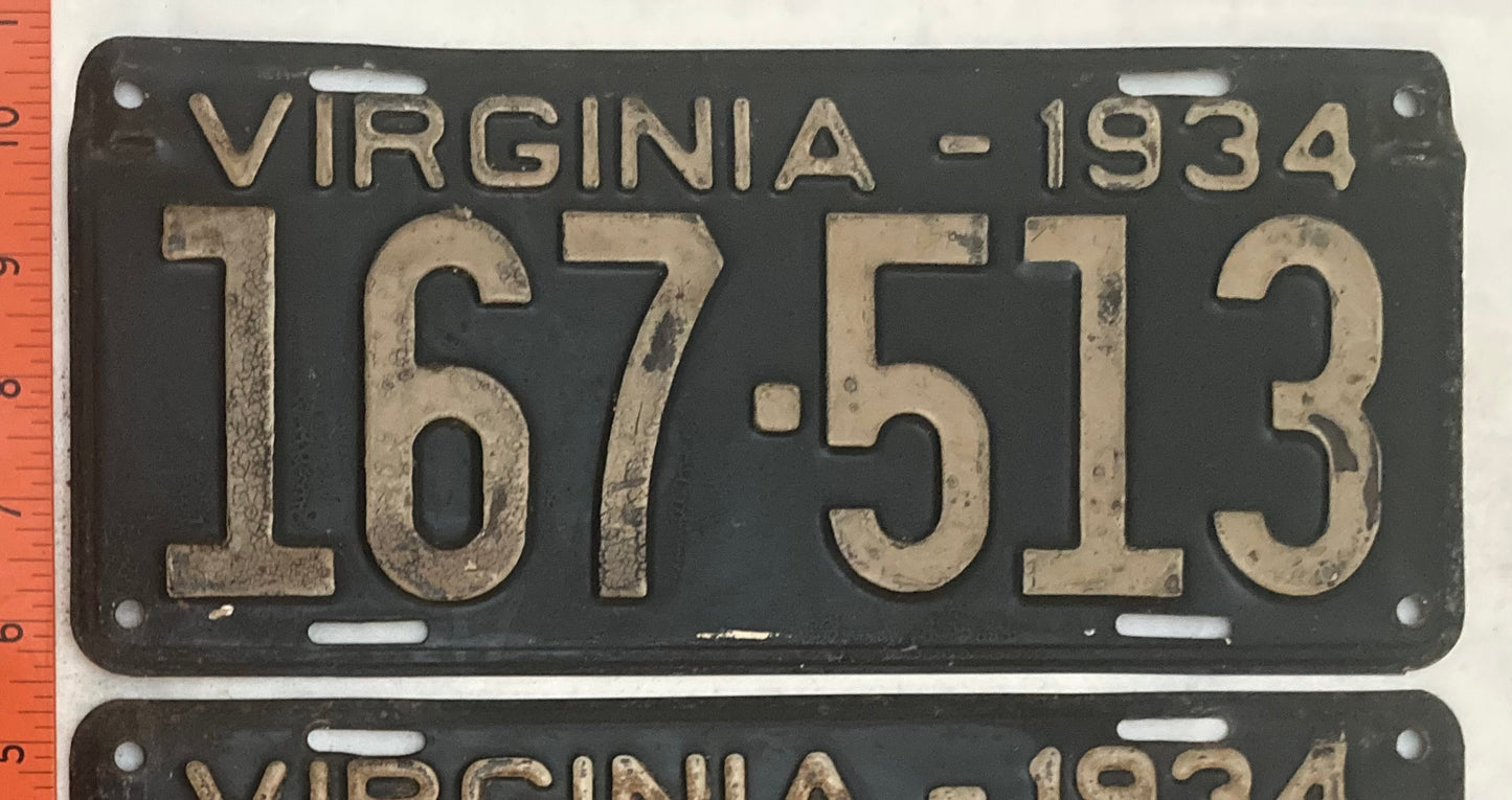 1934 Virginia #167-513 Passenger License Plate (Pair)