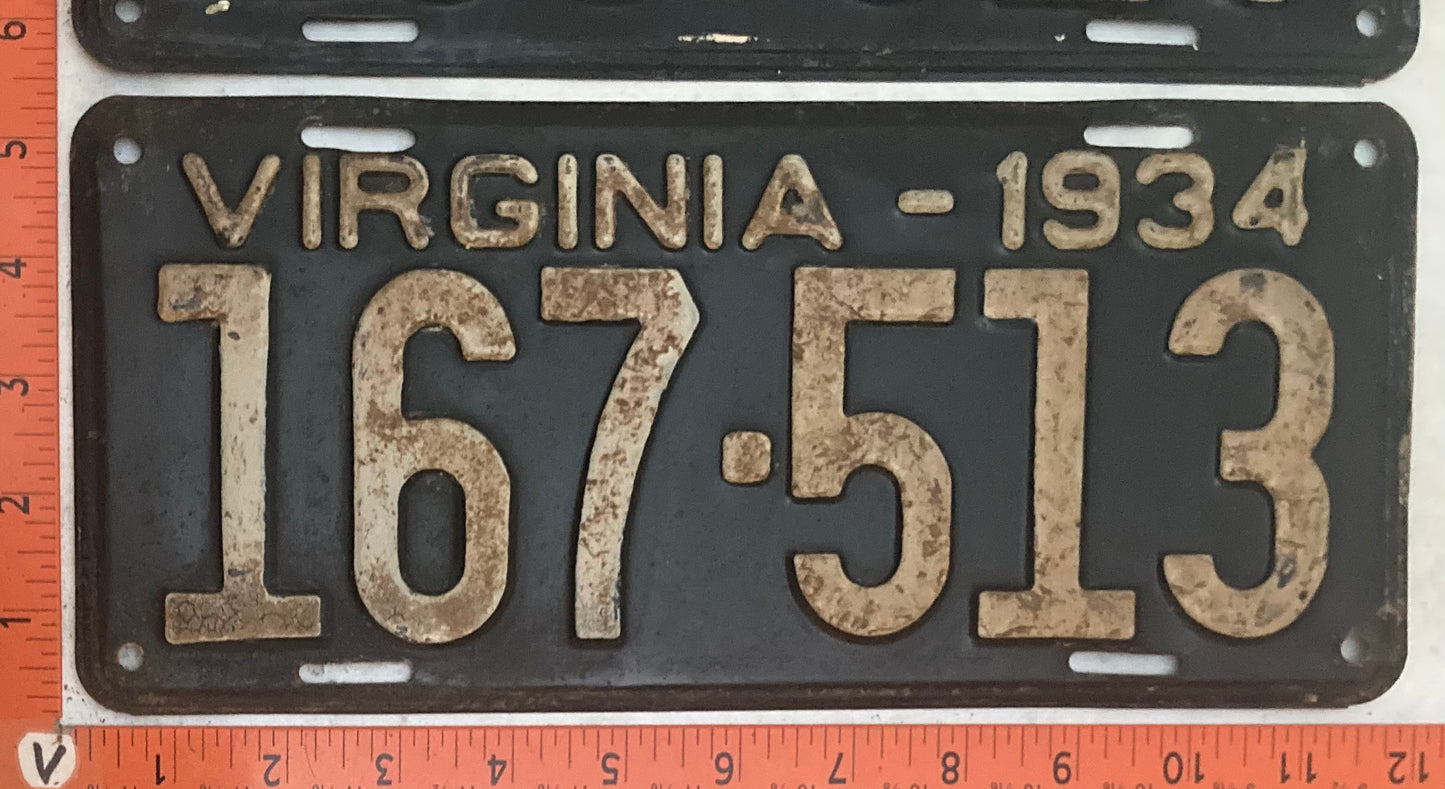 1934 Virginia #167-513 Passenger License Plate (Pair)