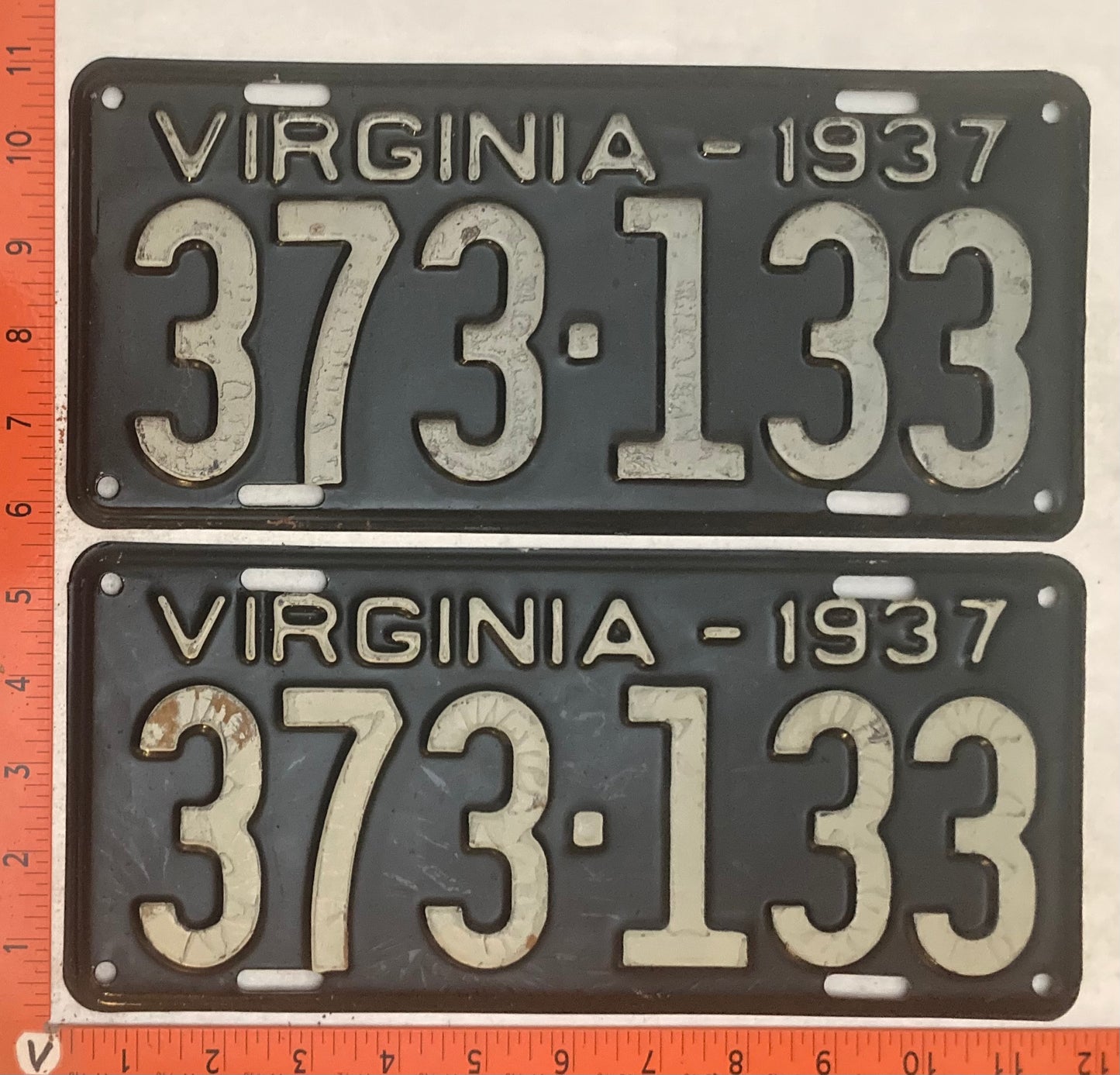 1937 Virginia #373-133 Passenger License Plate (Pair)