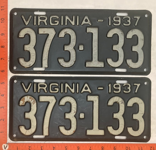 1937 Virginia #373-133 Passenger License Plate (Pair)