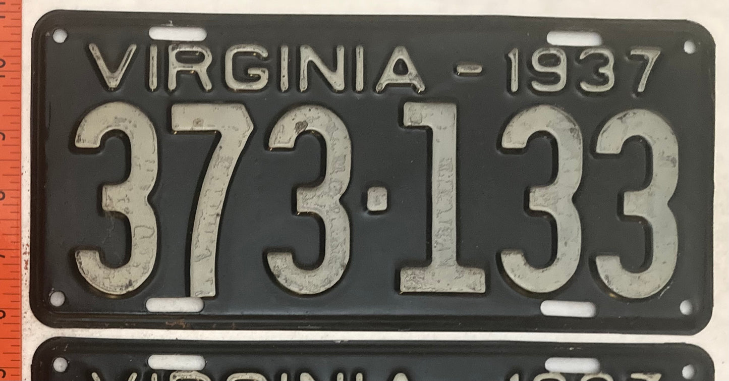 1937 Virginia #373-133 Passenger License Plate (Pair)