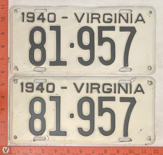 1940 Virginia #81-957 Passenger License Plate (Pair)
